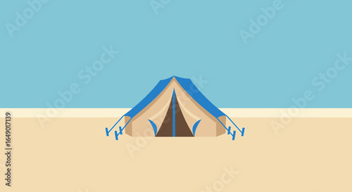 Minimalist Scene Of Camping Tent On Sandy Beach Under Clear Blue Sky