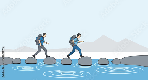 Men Hiking Across River Stepping On Stones In Nature With Backpacks