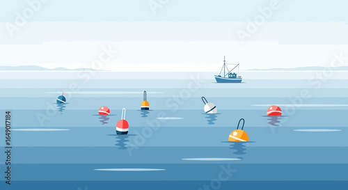 Minimalist seascape with fishing boat and colorful buoys on calm blue waters