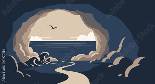 Minimalist seascape illustration featuring a cave entrance, ocean waves and seagull flight, evoking serenity and adventure