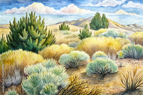 Shrubland with sagebrush, manzanita, and wild grasses desert landscape