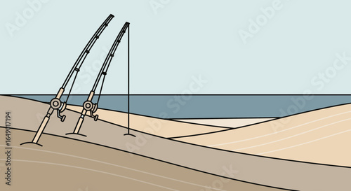 Minimalist Seascape With Fishing Rods Stands On a Tranquil Sandy Beach