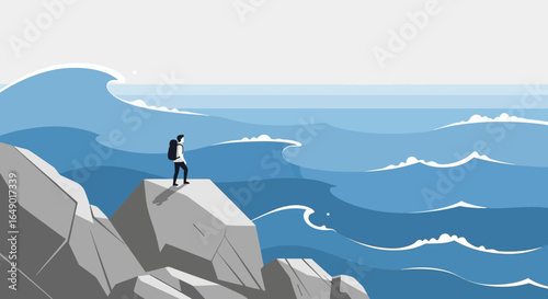 Minimalist Traveler Admiring the Ocean View atop Rocky Cliffs on a Coastal Adventure