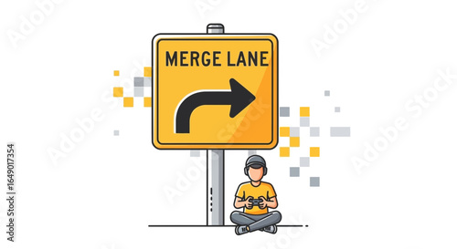 Merge Into Gaming Streamer Life Illustration with Road Sign on White Background