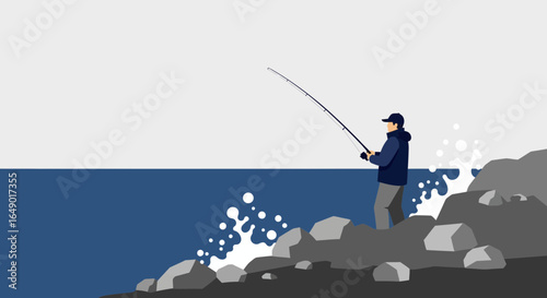Minimalist vector illustration of a fisherman at the coast battling the ocean waves during fishing activity
