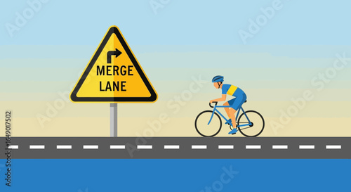 Merge Lane Ahead Bicyclist Navigating Road Safety Graphic Illustration