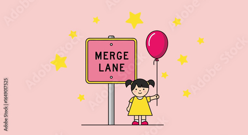 Merge Lane Adventure Little Girl with Balloon and Stars in Whimsical Journey