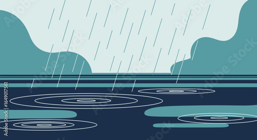 Minimalist Weather Illustration Showcasing Rain And Water Ripples With Soft Colors