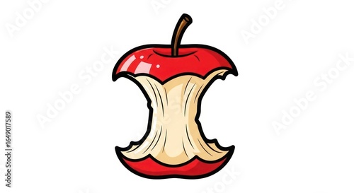 A cartoon drawing of a partially eaten, red apple core.