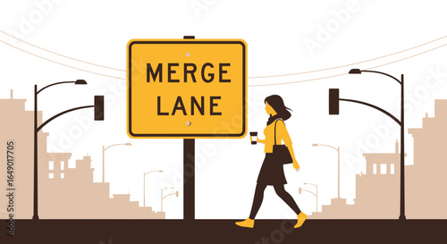 Merge Lane Awareness Woman Walking to Work in the City Near the Sign