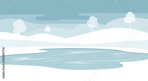 Minimalist Winter Landscape With Frozen Lake And Snow Covered Hills