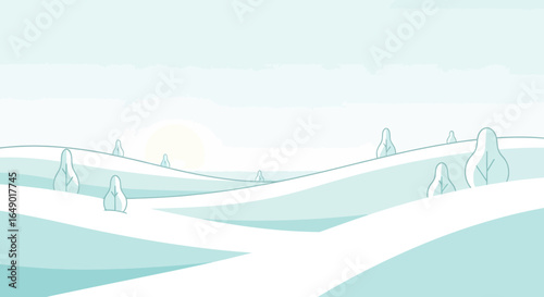 Minimalist Winter Landscape With Snow Covered Hills And Stylized Trees