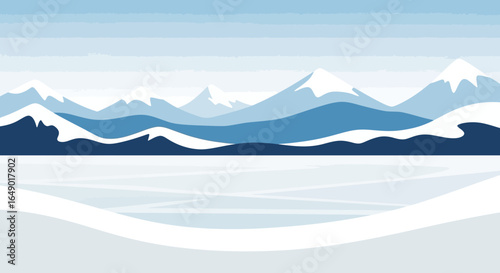 Minimalist Winter Landscape With Snowy Mountains And Frozen Lake View