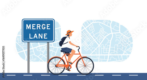 Merge Lane Cyclist Navigating City Streets on Orange Bicycle with Map Background