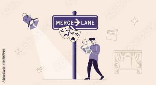 Merge Lane Direction Sign Theater Masks Actor Holding Script Under Spotlight