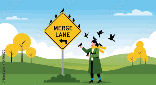 Merge Lane of Friendship: A Woman Shares her Day with Birds in Nature