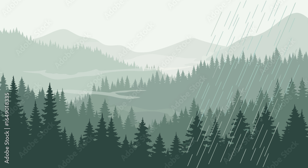 Fototapeta premium Misty Mountain Landscape With Evergreen Forests During A Rainfall Season