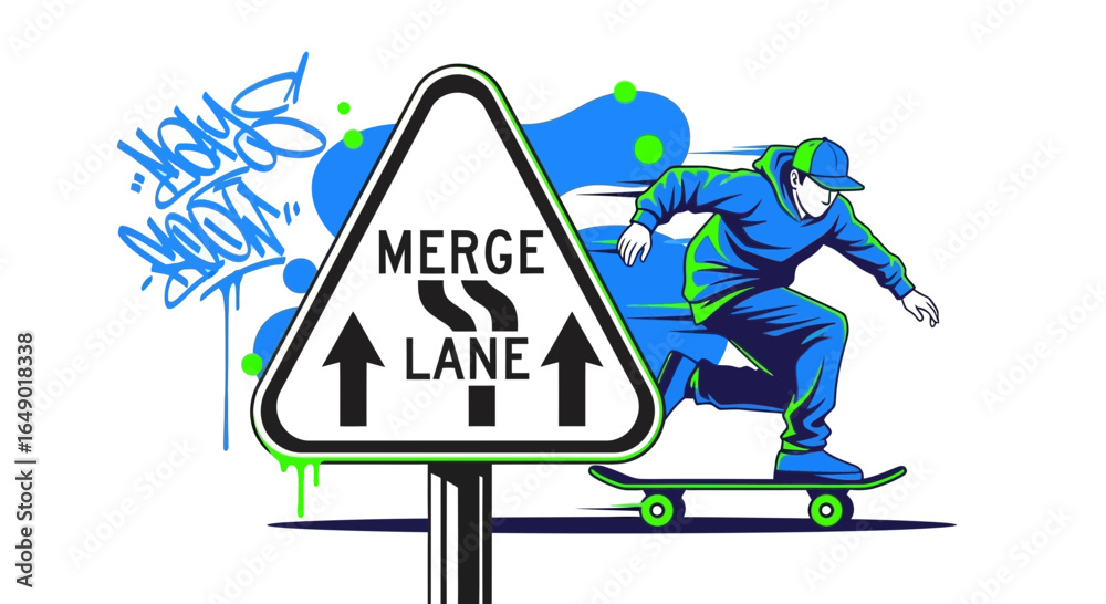 Fototapeta premium Merge Lane Sign And Skateboarder Captures Urban Street Style With Vibrant Colors