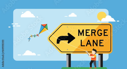 Merge Lane Road Sign With A Boy Flying Kite Summer Freedom Concept