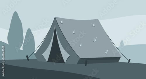 Misty Morning Camping Trip At The Woods With Tent And Trees Scenery