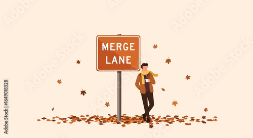 Merge Lane Sign And Fashionable Man Enjoying Autumnal Vibe With A Hot Drink