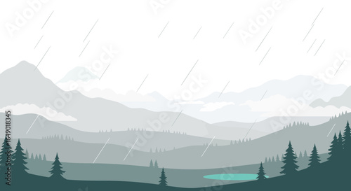 Misty Mountain Landscape Under a Gentle Rain with Evergreen Trees Vector Art
