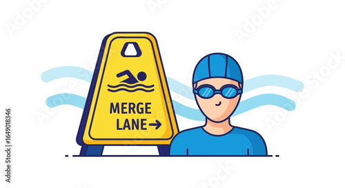 Merge Lane Sign Beside a Swimmer Illustration for Aquatic Safety Awareness