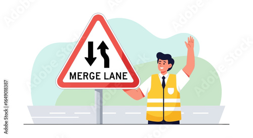 Merge Lane Sign Held By Road Worker Directing Traffic On Paved Roadway