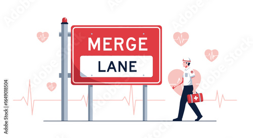 Merge Lane Sign Symbolizing Healthcare System Transition with First Responder