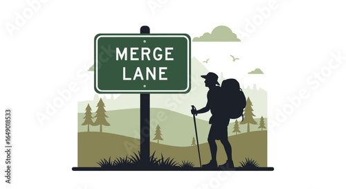 Merge Lane Sign Symbolizes Traveler's Journey Through Nature's Challenging Paths