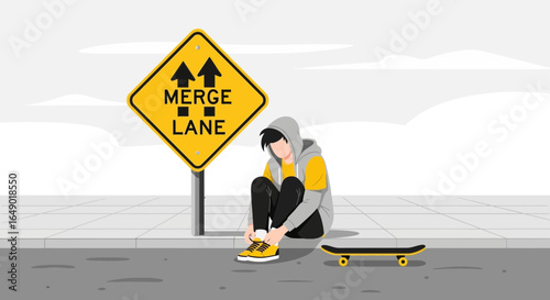 Merge Lane Sign With a Skateboarder Sitting on a Curb Tying his Shoes