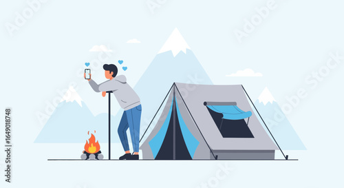 Modern Man Enjoying His Camping Trip While Connecting On Social Media