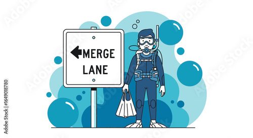 Merge Lane Underwater Metaphor Of Scuba Diver Exploring Divergent Paths Ahead