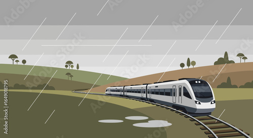 Modern Train Journey Amidst the Serene Landscape Under a Soft Rainy Season