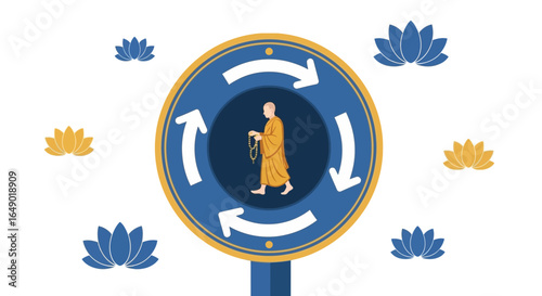 Monk Walking In A Cycle Symbol Representing Rebirth And The Samsara Concept