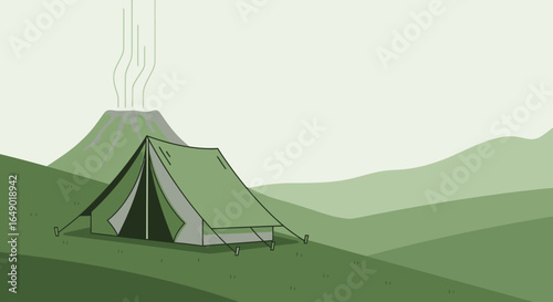 Monochromatic adventure illustration featuring tent volcano and serene mountainous landscapes