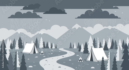 Monochromatic Adventure Camping In Mountainous Terrain During a Rainy Season