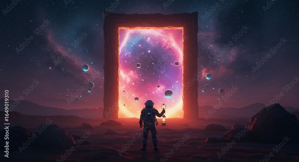 An Astronaut Holding a Lantern Gazing at a Portal in a Surreal Landscape with Spheres and a Starry Sky: Sci-Fi Art Concept An Astronaut Holding a Lantern Gazing at a Portal in a Surreal Landscape with Spheres and a Starry Sky: Sci-Fi Art Concept