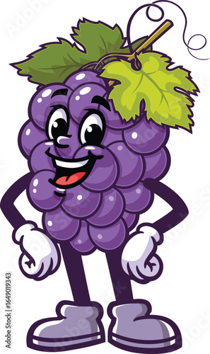 Cartoon mascot of grapes laughing happily
