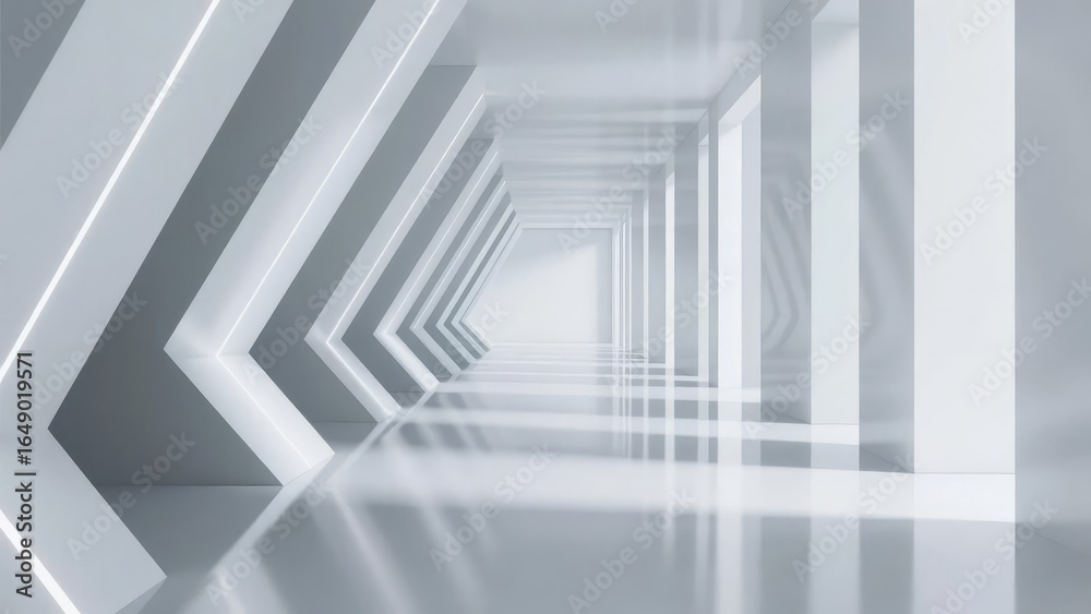 Fototapeta premium Modern minimalist corridor with sleek white walls and reflective floor