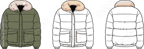 Winter jacket front and back view, fur hood, quilted puffer coat, olive green and white color, CAD flat vector illustrationWinter jacket front and back view, fur hood, quilted puffer coat