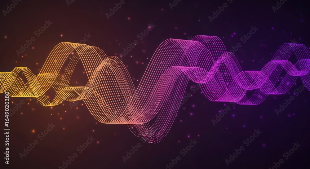 Fototapeta premium Abstract wavy lines flowing from yellow to purple on a dark background with scattered particles.