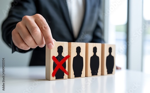 Hand pointing to a red x on a wooden block representing a fired employee isolated on transparent background