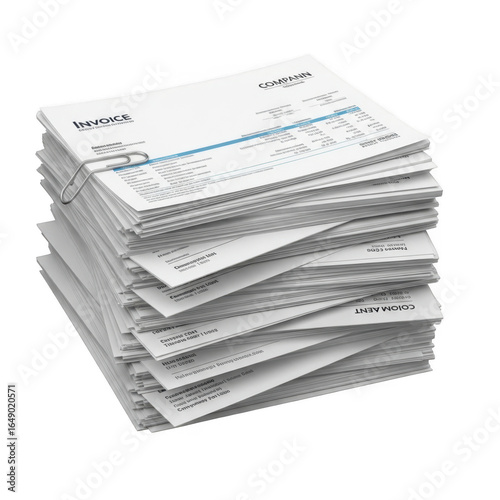 Illustration of stack of invoices and financial documents with paper clip isolated on transparent background