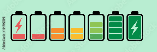 Battery charge levels from low to full green indicating power capacity and energy efficiency