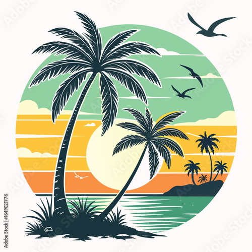 Tropical Island Illustration: Stylized Palm Trees and Birds. logo


