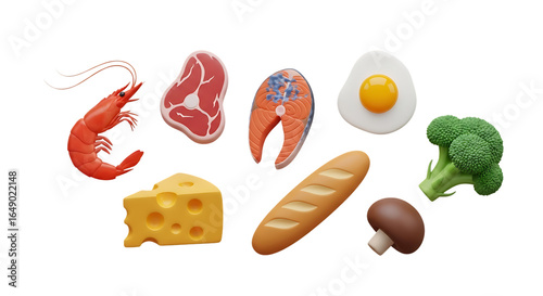 3d icon of assortment of food items isolated on white background