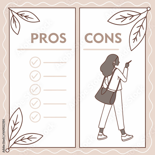 Pros and Cons Vector Graphic: Checklist vs. Female Figure Illustration.

