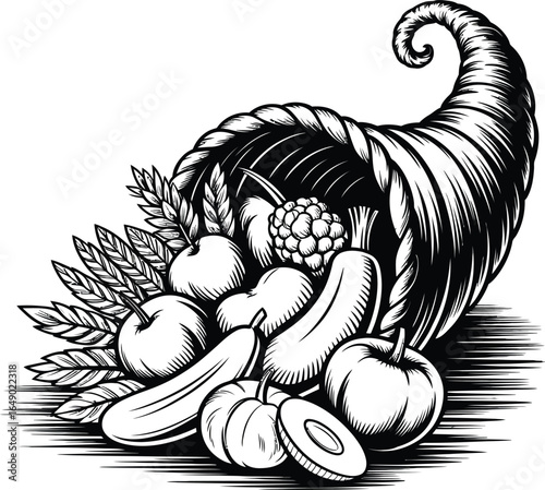Black and white cornucopia overflowing with fall harvest bounty.