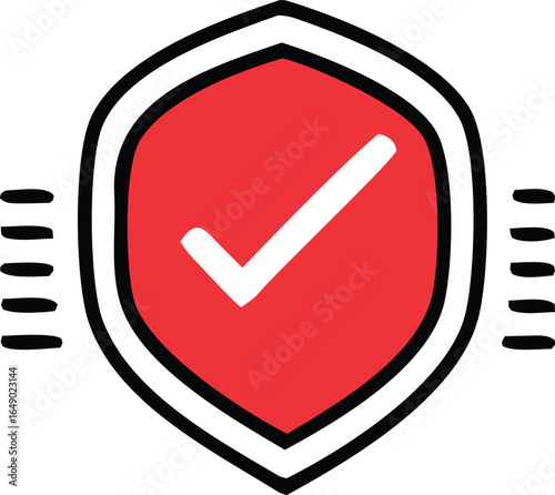 Digital security icon a red shield with a white checkmark symbolizing protection and verified status